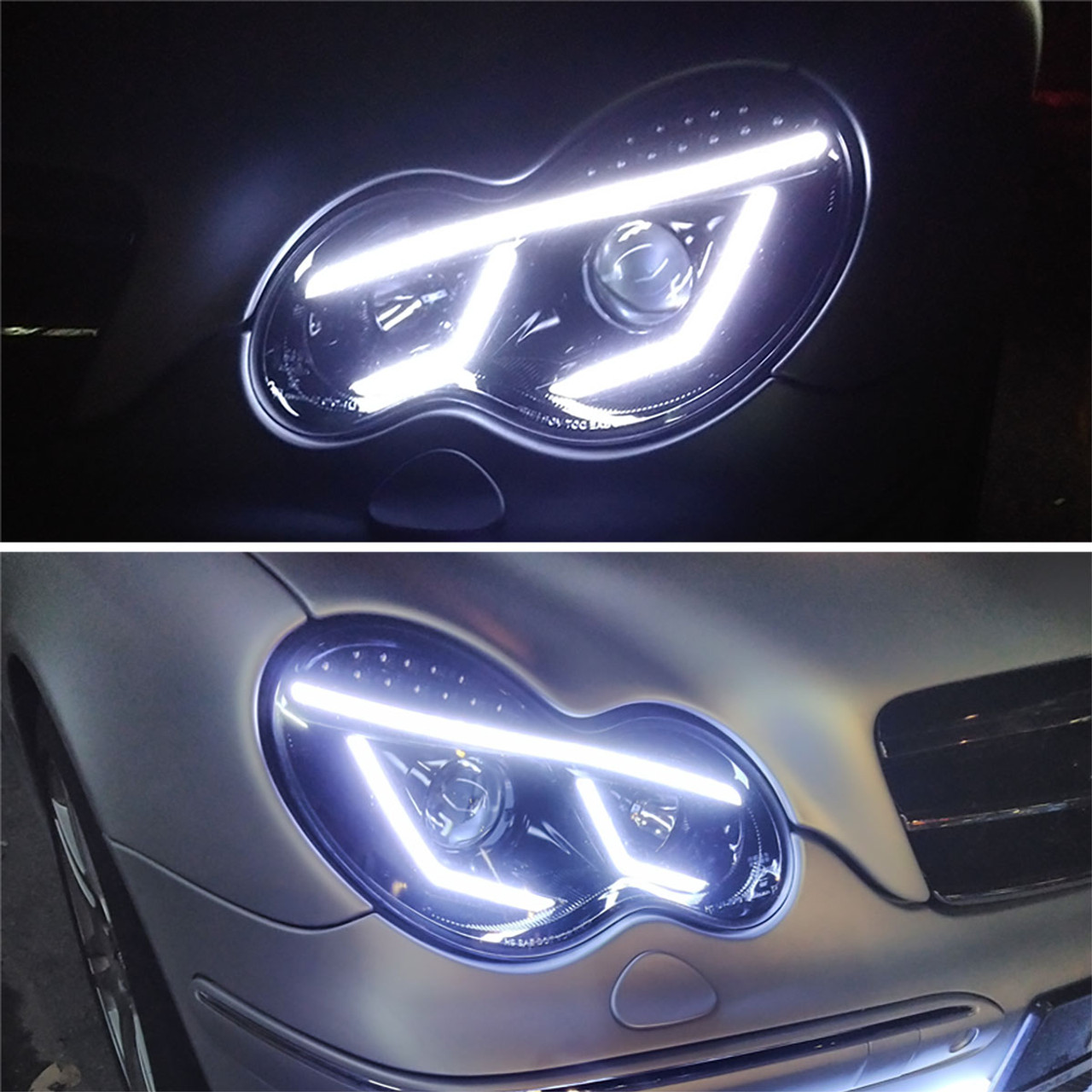 2001-2007 Mercedes Benz W203 C Class Sedan LED Bar Projector Headlights w/  LED Turn Signal Lights (Glossy Black Housing/Smoke Lens) - Spec-D Tuning