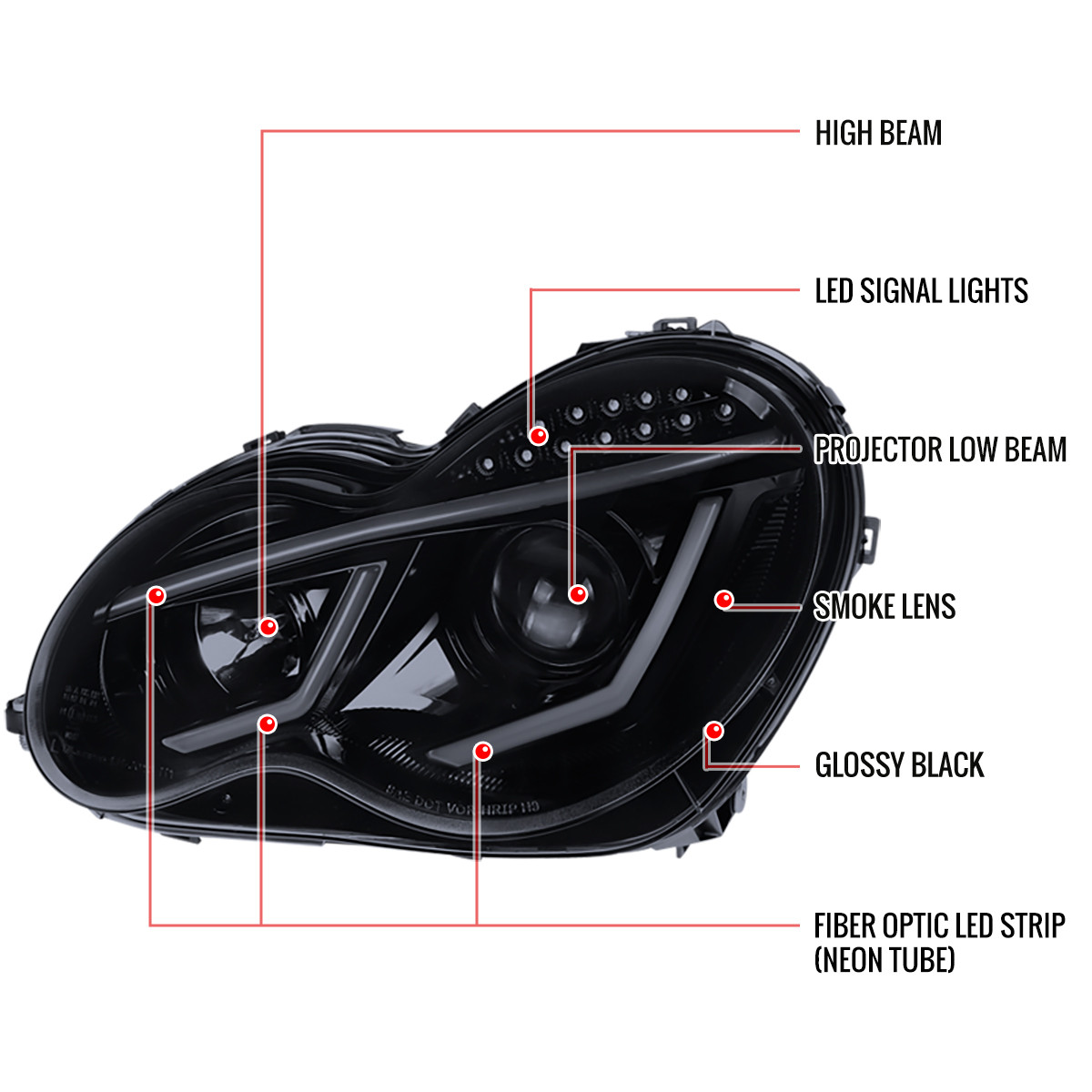 2001-2007 Mercedes Benz W203 C Class Sedan LED Bar Projector Headlights W Led Turn Signal Lights Jet Black Housing Clear Lens 2001-2007 Mercedes Benz W203 C Class Sedan LED Bar Projector Headlights W Led Turn Signal Lights Jet Black Housing Clear Lens
