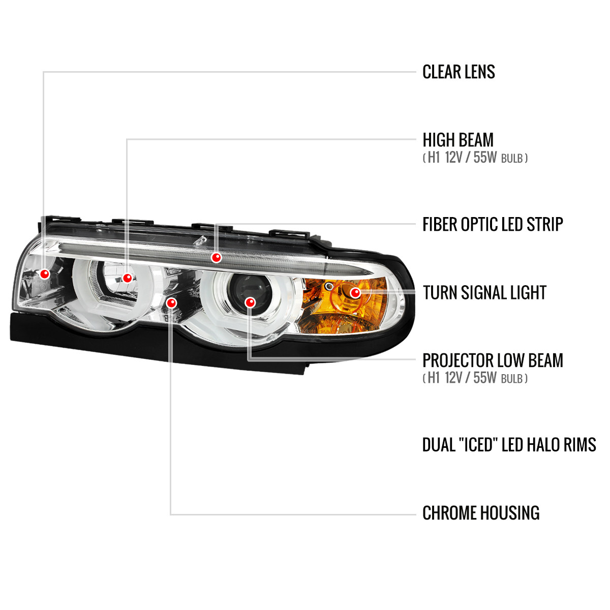 1995-2001 BMW E38 7 Series LED Bar Dual Halo Projector Headlights