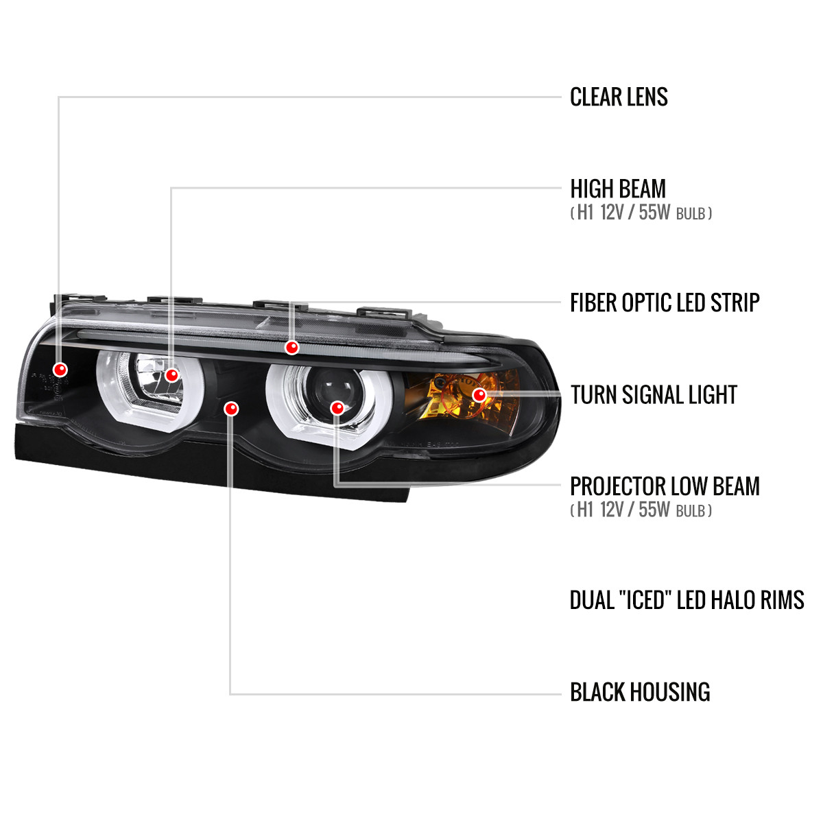 1995-2001 BMW E38 7 Series LED Bar Dual Halo Projector Headlights