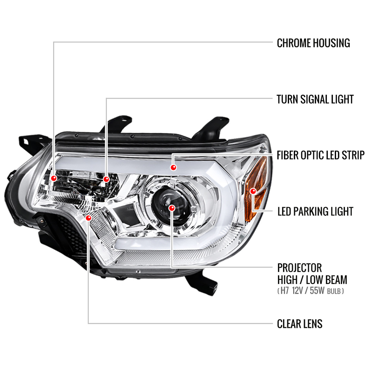 2012-2015 Toyota Tacoma LED C-Bar Projector Headlights (Chrome