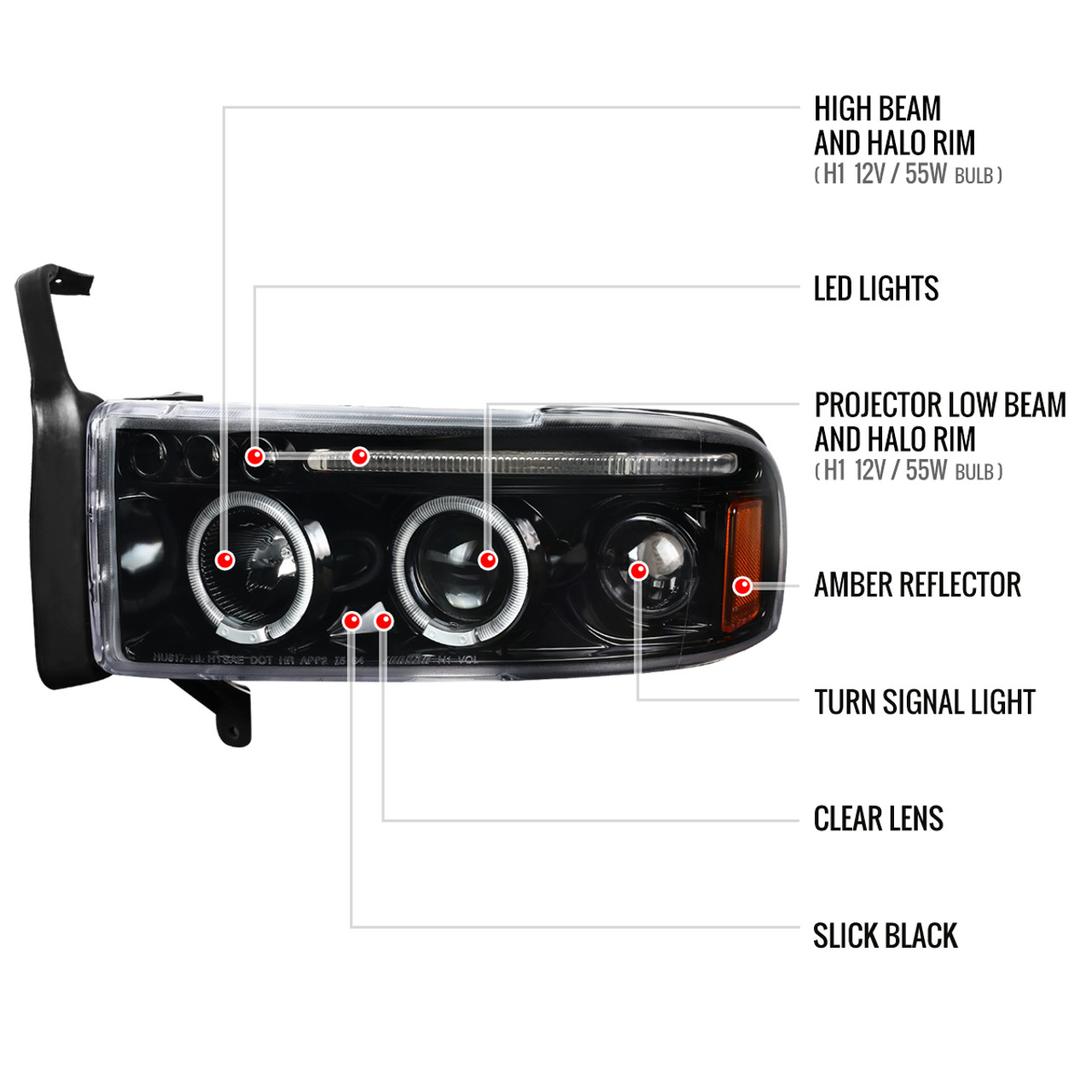 1994-2001 Dodge RAM 1500 2500 3500 Dual Halo Projector Headlights