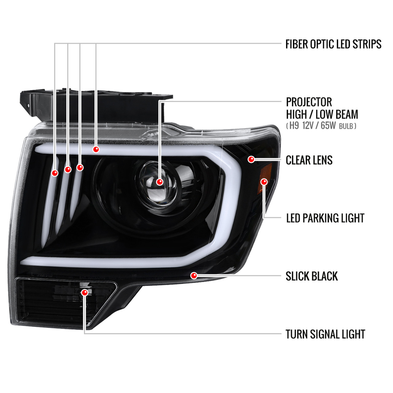 2009-2014 Ford F-150 LED C-Bar Projector Headlights (Jet Black