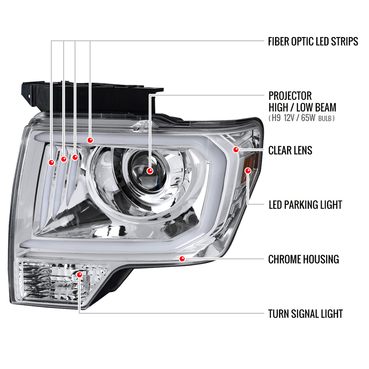 2009-2014 Ford F-150 LED C-Bar Projector Headlights (Chrome