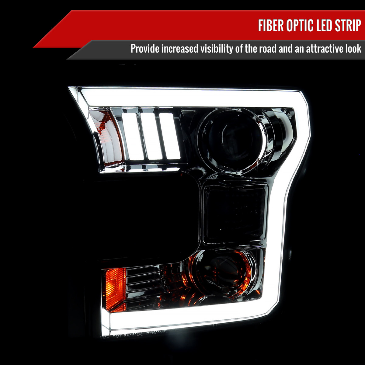LED DRL Tube Headlights For 2015-2017 Ford F150 - Chrome Housing With Amber Reflector