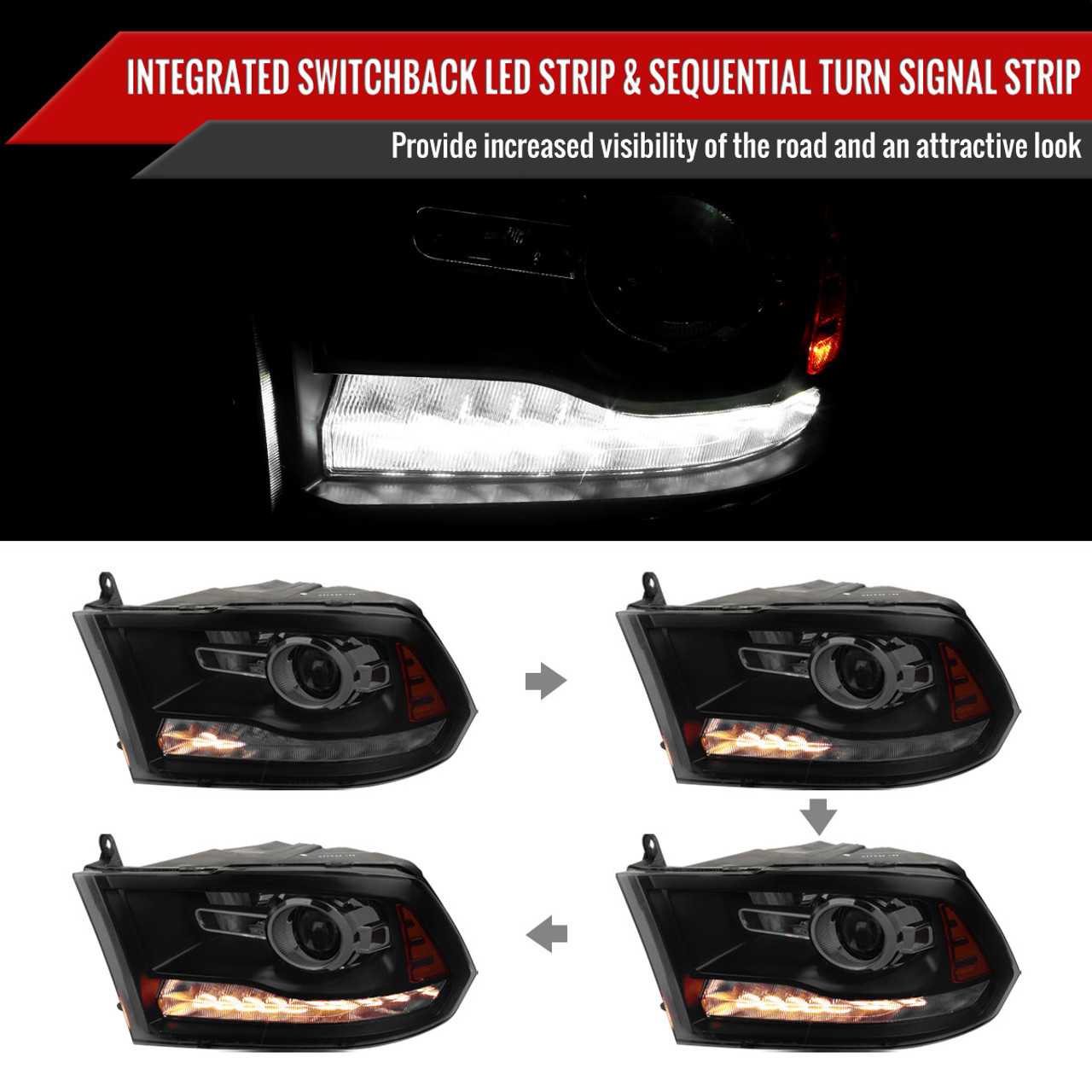 Spec-D Tuning Black Housing Smoke Lens Projector Headlights Switchback LED  Signal Compatible with 2009-2019 Dodge Ram 1500, 2010-2019 Dodge Ram  2500/3500 Left + Right Pair Headlamps Assembly : Automotive 