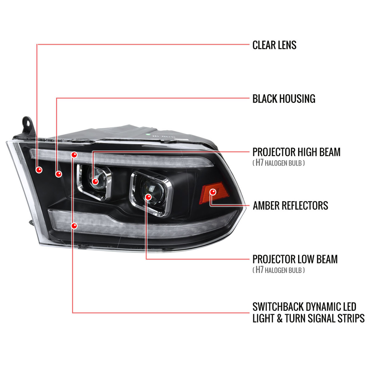  Spec-D 調音噴射黑色LED 雙光環投影機頭燈相容於2009-2018 Dodge Ram 1500、2010-2018 Dodge  Ram 2500/3500 左+ 右對頭燈組件: 汽車