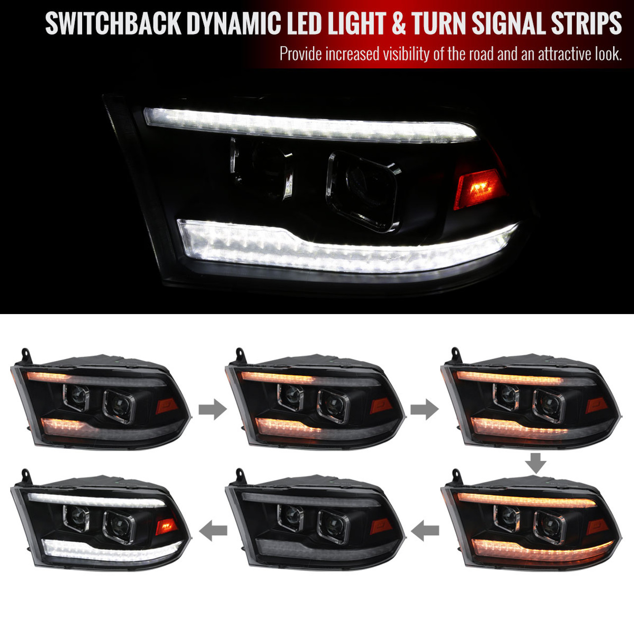  Spec-D Tuning Black Housing Smoke Lens Projector Headlights  w/Switchback LED Sequential Compatible with 2009-2018 Dodge Ram 1500,  2010-2018 Dodge Ram 2500/3500, Left + Right Pair Headlamps Assembly :  Automotive