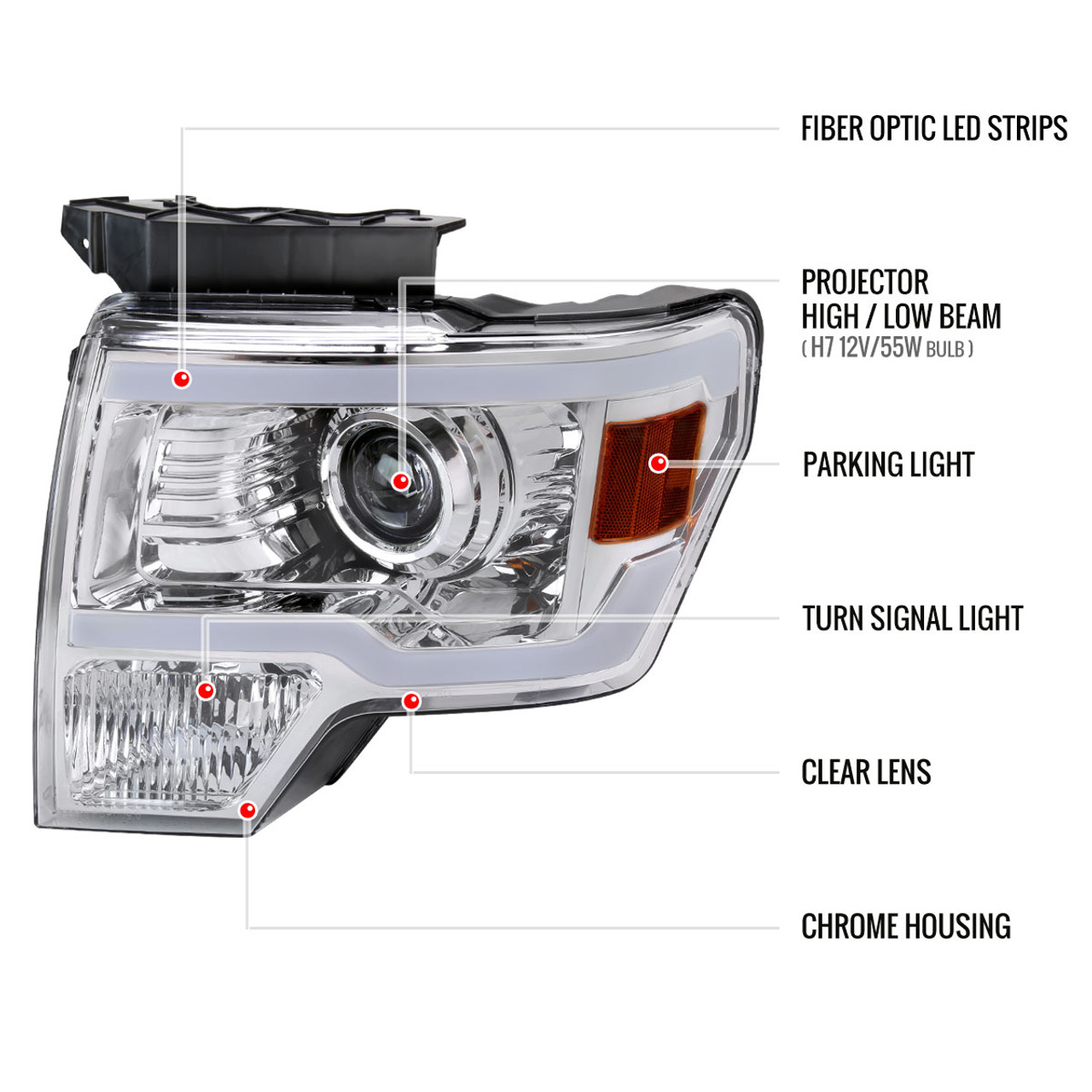 2009-2014 Ford F-150 LED Strip Projector Headlights (Chrome