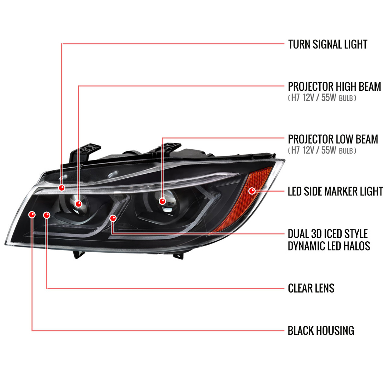 2006-2011 BMW E90 3 Series Sedan 3D Iced LED Dual Projector