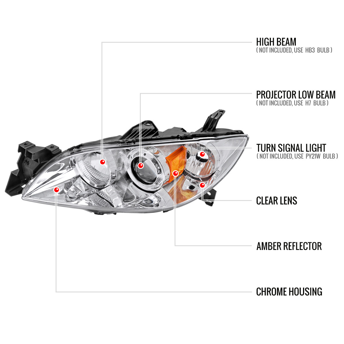 2004-2009 Mazda 3 Sedan Projector Style Headlights (Chrome Housing