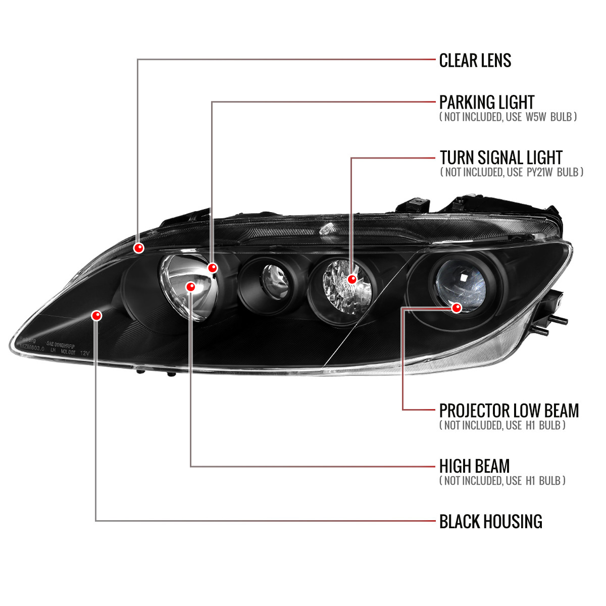 2003-2005 Mazda 6 Factory Style Projector Headlights (Matte Black