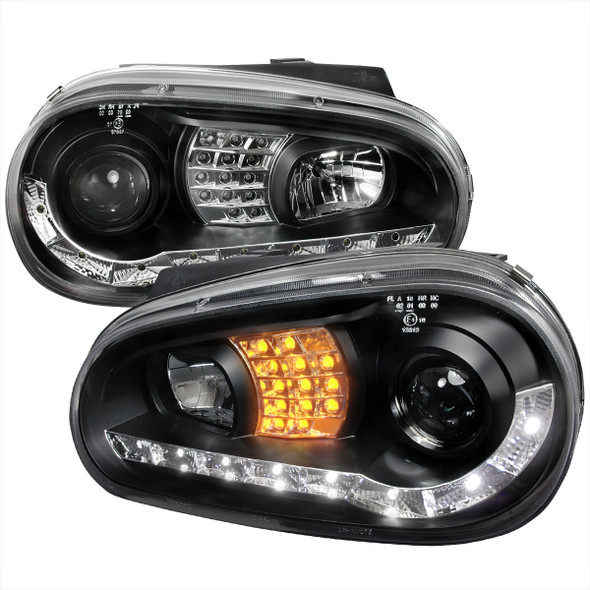 1999-2006 Volkswagen Golf Mk4 GTI/R32 Cabrio Projector Headlights w/ R8 Style LED Light Strip & LED Turn Signal Lights (Matte Black Housing/Clear Lens)
