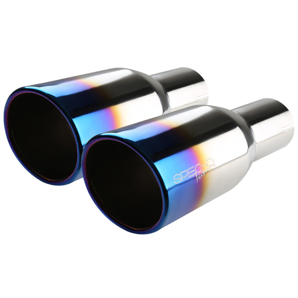 Universal 2.5" Inlet/3.875" Outlet Chrome Stainless Steel Angled Burnt Blue Exhaust Tips - 2PC