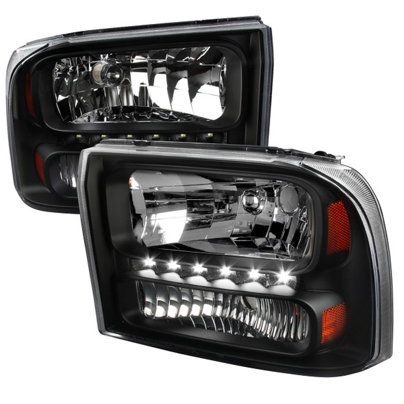 1999-2004 Ford F-250/F-350/F-450/F-550/Excursion Crystal Headlights w/ SMD LED Light Strip (Matte Black Housing/Clear Lens)