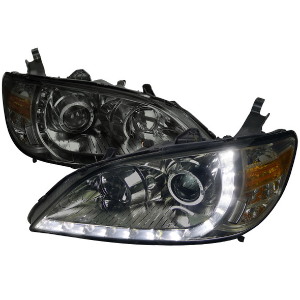 2004-2005 Honda Civic Projector Headlights w/ R8 Style LED Light Strip (Chrome Housing/Smoke Lens)