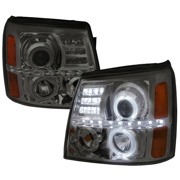 2002-2006 Cadillac Escalade Dual Halo Projector Headlights w/ SMD LED Light Strip (Chrome Housing/Smoke Lens)