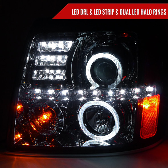 2002-2006 Cadillac Escalade Dual Halo Projector Headlights w/ SMD LED Light Strip (Chrome Housing/Smoked Lens)