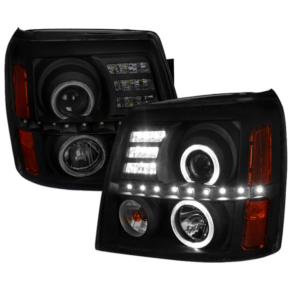 2002-2006 Cadillac Escalade Dual Halo Projector Headlights w/ SMD LED Light Strip (Black Housing/Smoke Lens)