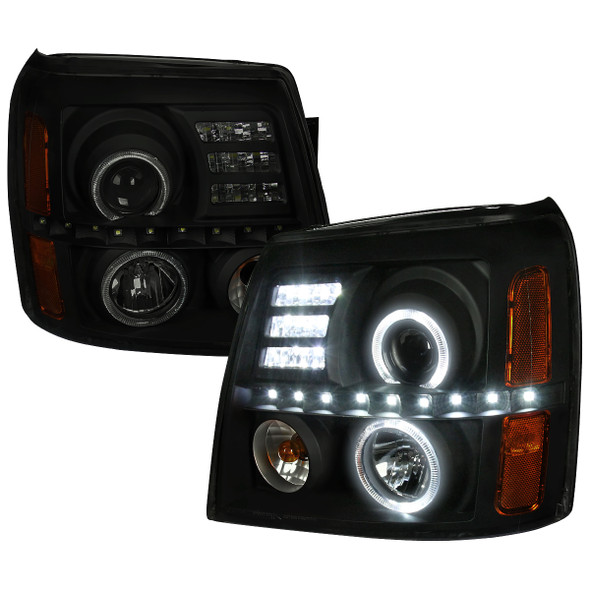 2002-2006 Cadillac Escalade Dual Halo Projector Headlights w/ SMD LED Light Strip (Black Housing/Smoked Lens)