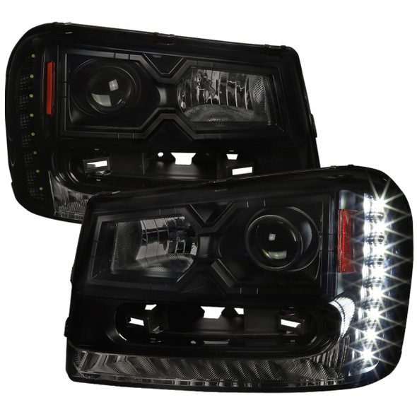 2002-2009 Chevrolet Trailblazer Projector Headlights w/ LED Light Strip (Black Housing/Smoke Lens)