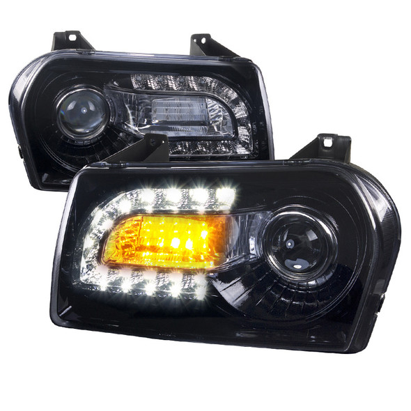 2005-2010 Chrysler 300 Base/LX/Touring Projector Headlights w/ LED Light Strip & LED Turn Signal Lights (Glossy Black Housing/Smoke Lens)