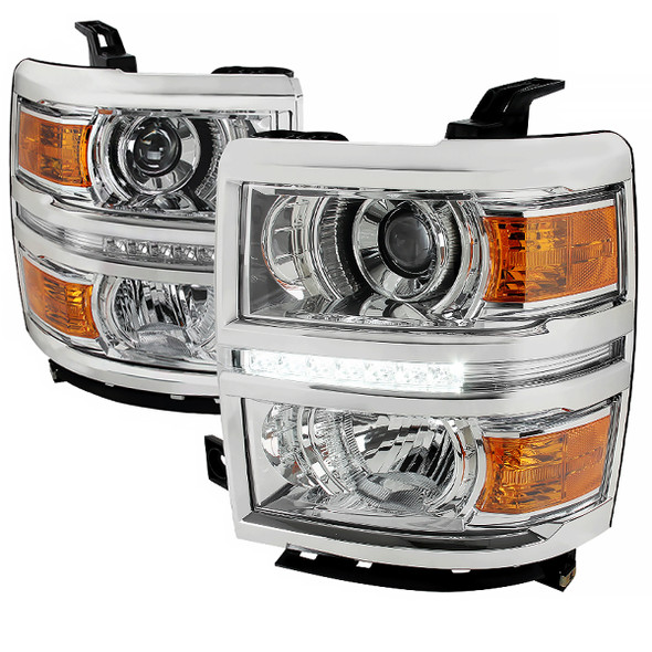 2014-2015 Chevrolet Silverado 1500 Projector Headlights w/ LED Light Strip (Chrome Housing/Clear Lens)