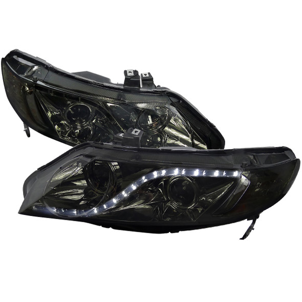 2006-2011 Honda Civic Sedan Projector Headlights w/ R8 Style LED Light Strip (Chrome Housing/Smoke Lens)