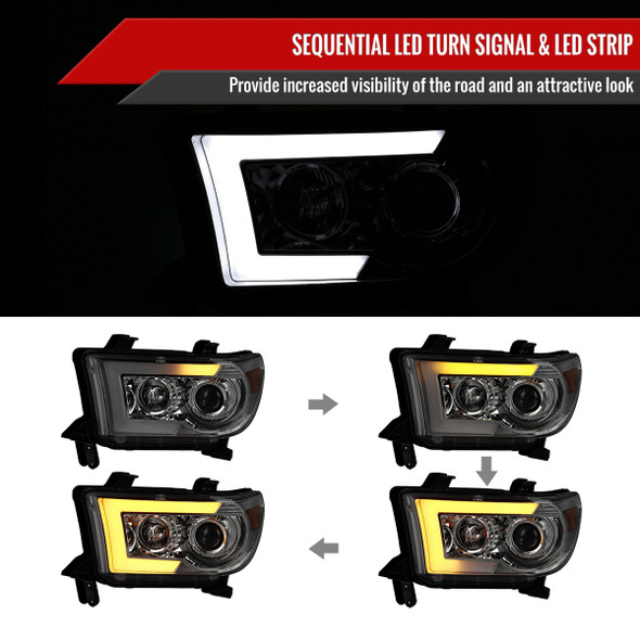 2007-2013 Toyota Tundra/ 2008-2017 Sequoia Switchback Sequential LED C-Bar Projector Headlights (Chrome Housing/Smoke Lens)