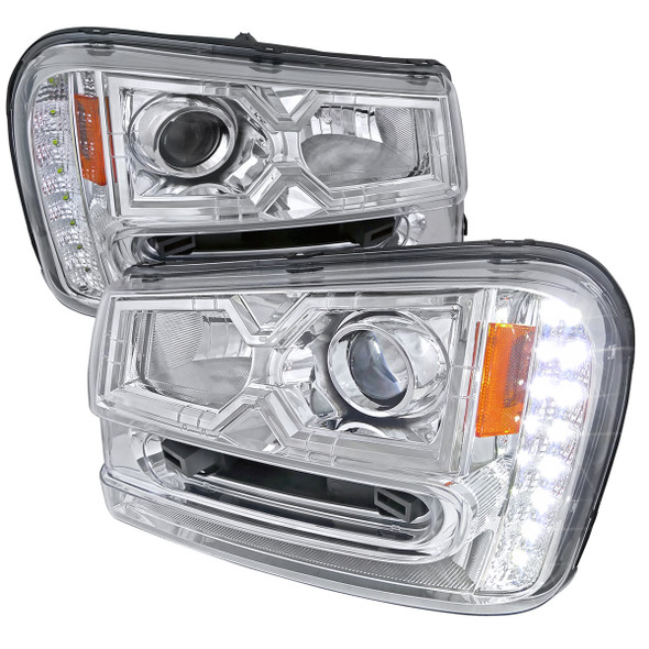 2002-2009 Chevrolet Trailblazer Projector Headlights w/ LED Light Strip (Chrome Housing/Clear Lens)