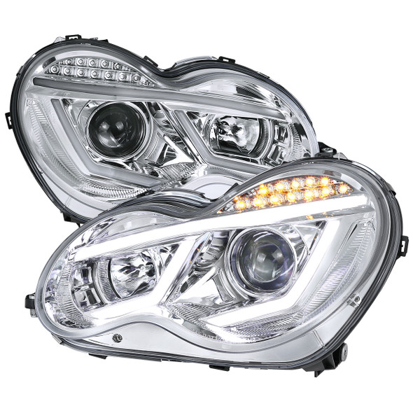 2001-2007 Mercedes Benz W203 C Class Sedan Projector Headlights w/ LED Light Bar & LED Turn Signal Lights (Chrome Housing/Clear Lens)