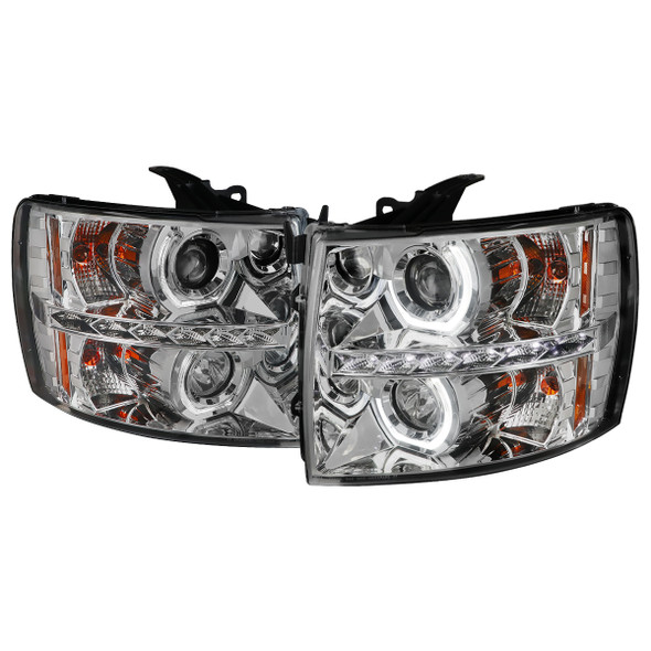 2007-2013 Chevrolet Silverado 1500/ 2007-2014 Silverado 2500HD 3500HD Dual U-Ring Halo Projector Headlights w/ LED Light Strip (Chrome Housing/Clear Lens)