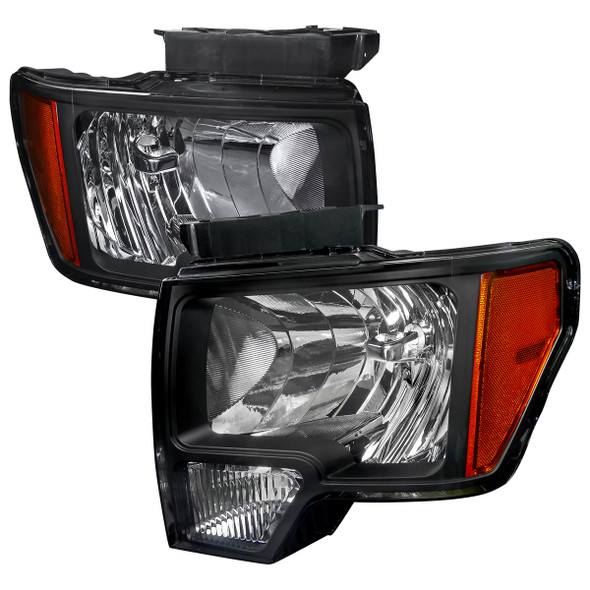 2009-2014 Ford F-150 Factory Style Crystal Headlights w/ Amber Reflector (Matte Black Housing/Clear Lens)