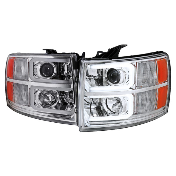 2007-2013 Chevrolet Silverado 1500/ 2007-2014 Silverado 2500HD 3500HD Dual LED C-Bar Projector Headlights (Chrome Housing/Clear Lens)