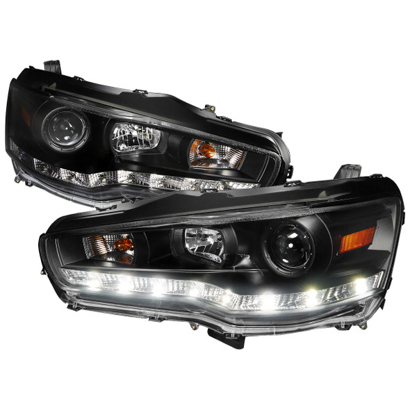 2008-2015 Mitsubishi Lancer EVO Projector Headlights w/ SMD LED Light Strip (Matte Black Housing/Clear Lens)