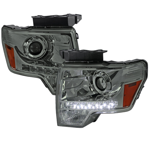 Spec-D Tuning Black LED Strip Projector Headlights For 2009-2014 Ford F150 - Pair - DOT SAE - H7 Bulbs Included