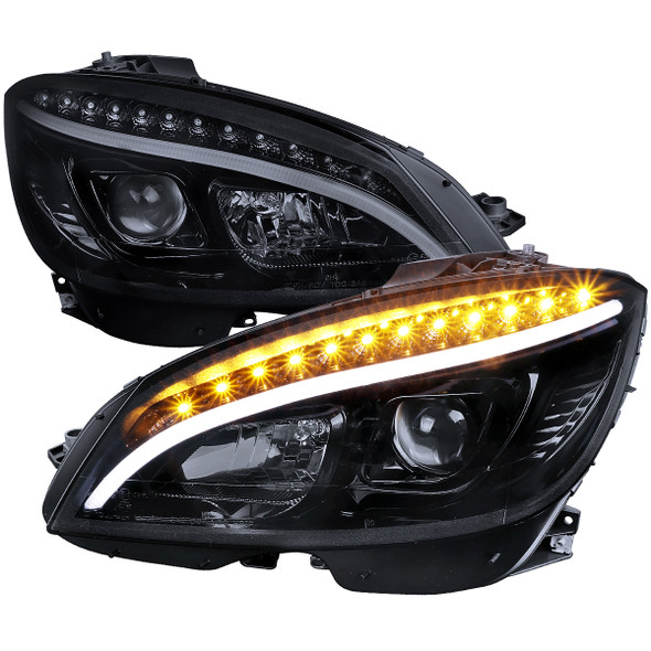 2008-2011 Mercedes Benz W204 C Class Projector Headlights w/ LED Light Bar & LED Turn Signal Lights (Glossy Black Housing/Smoke Lens)