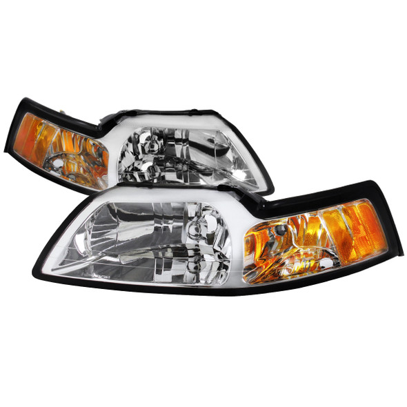 1999-2004 Ford Mustang Factory Style Headlights w/ Amber Reflectors (Chrome Housing/Clear Lens)