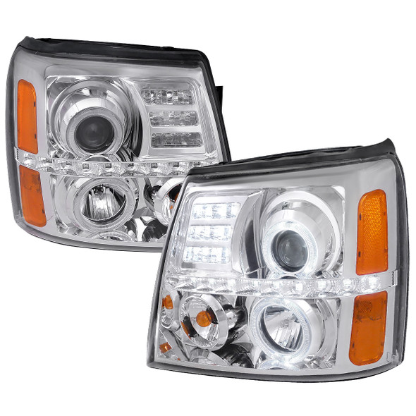 2002-2006 Cadillac Escalade Dual Halo Projector Headlights w/ SMD LED Light Strip (Chrome Housing/Clear Lens)