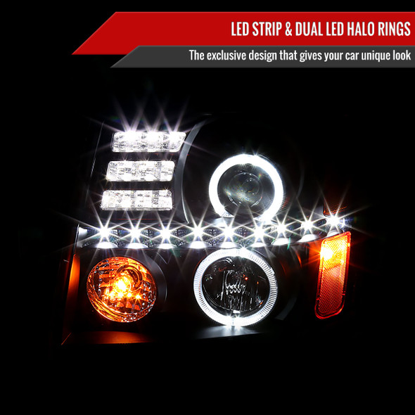 2002-2006 Cadillac Escalade Dual Halo Projector Headlights w/ SMD LED Light Strip (Matte Black Housing/Clear Lens)