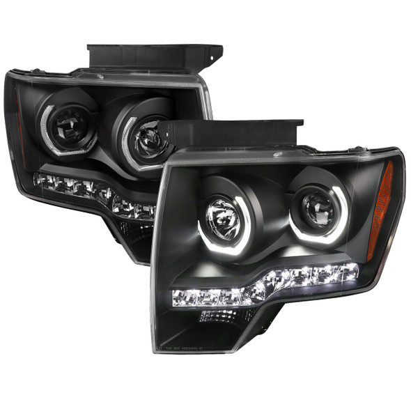 2009-2014 Ford F-150 Dual U-Ring Halo Projector Headlights w/ LED Light Strip (Matte Black Housing/Clear Lens)