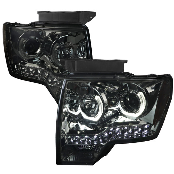 2009-2014 Ford F-150 Dual U-Ring Halo Projector Headlights w/ LED Light Strip (Chrome Housing/Smoke Lens)