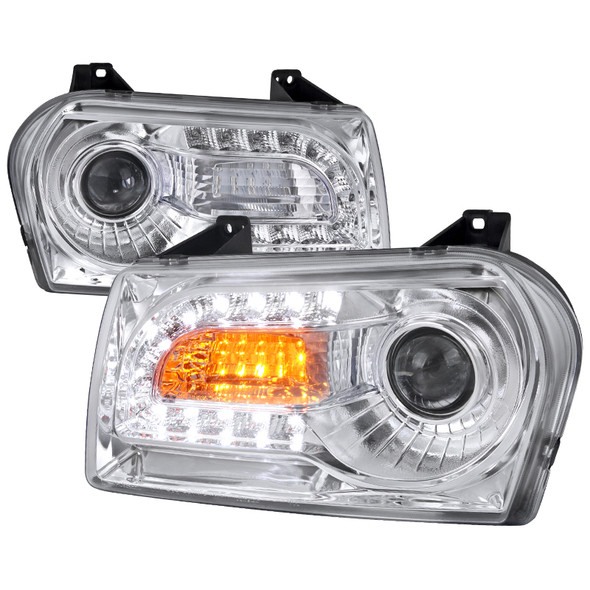 2005-2010 Chrysler 300 Base/LX/Touring Projector Headlights w/ LED Light Strip & LED Turn Signal Lights (Chrome Housing/Clear Lens)