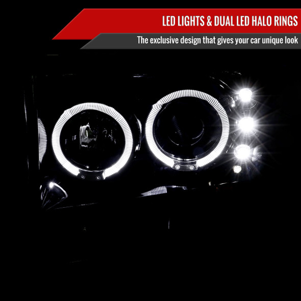 1999-2004 Ford F-250/F-350/F-450/F-550/Excursion Dual Halo Projector Headlights (Jet Black Housing/Clear Lens)