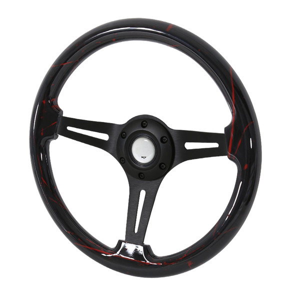 350mm Black & Red Strips Style 2" Deep Dish Aluminum 3-Spoke Wooden Steering Wheel (Black)