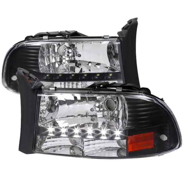 1997-2004 Dodge Dakota/ 1998-2003 Durango SMD LED Light Strip Factory Style Crystal Headlights (Matte Black Housing/Clear Lens)