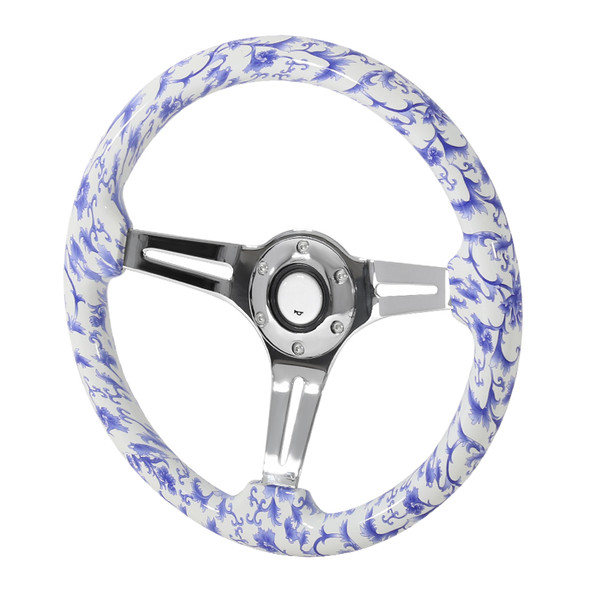 350mm Blue & White Oriental Porcelain Pattern Style 2" Deep Dish Aluminum 3-Spoke Wooden Steering Wheel (Chrome)