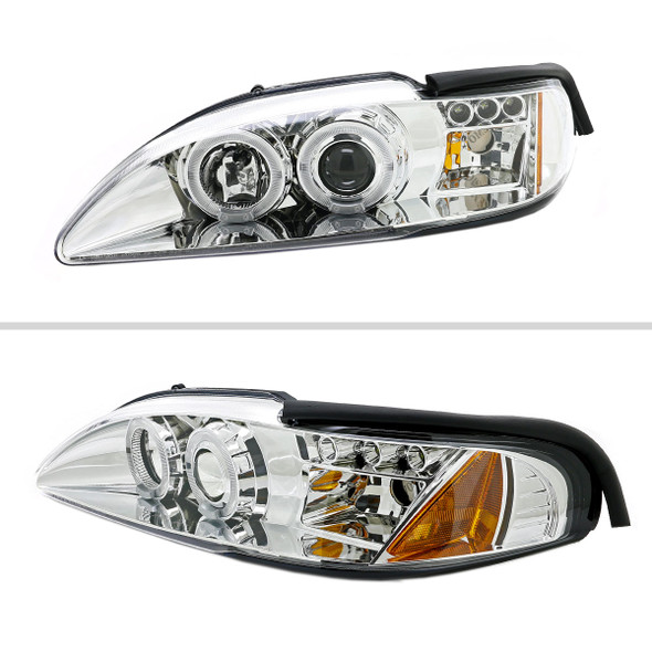 1994-1998 Ford Mustang Dual Halo Projector Headlights (Chrome Housing/Clear Lens)