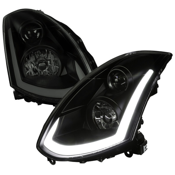 2003-2007 Infiniti G35 Coupe LED Bar Projector Headlights w/ Sequential Turn Signals (Black Housing/Smoke Lens)