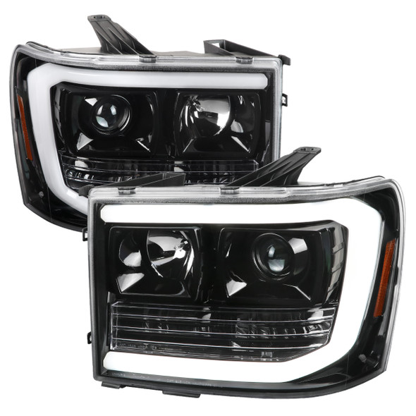 2007-2013 GMC Sierra 1500 / 2007-2014 Sierra 1500HD 2500HD 3500HD / 2009-2013 Sierra 1500 Hybrid LED C-Bar Projector Headlights (Jet Black Housing/Clear Lens)